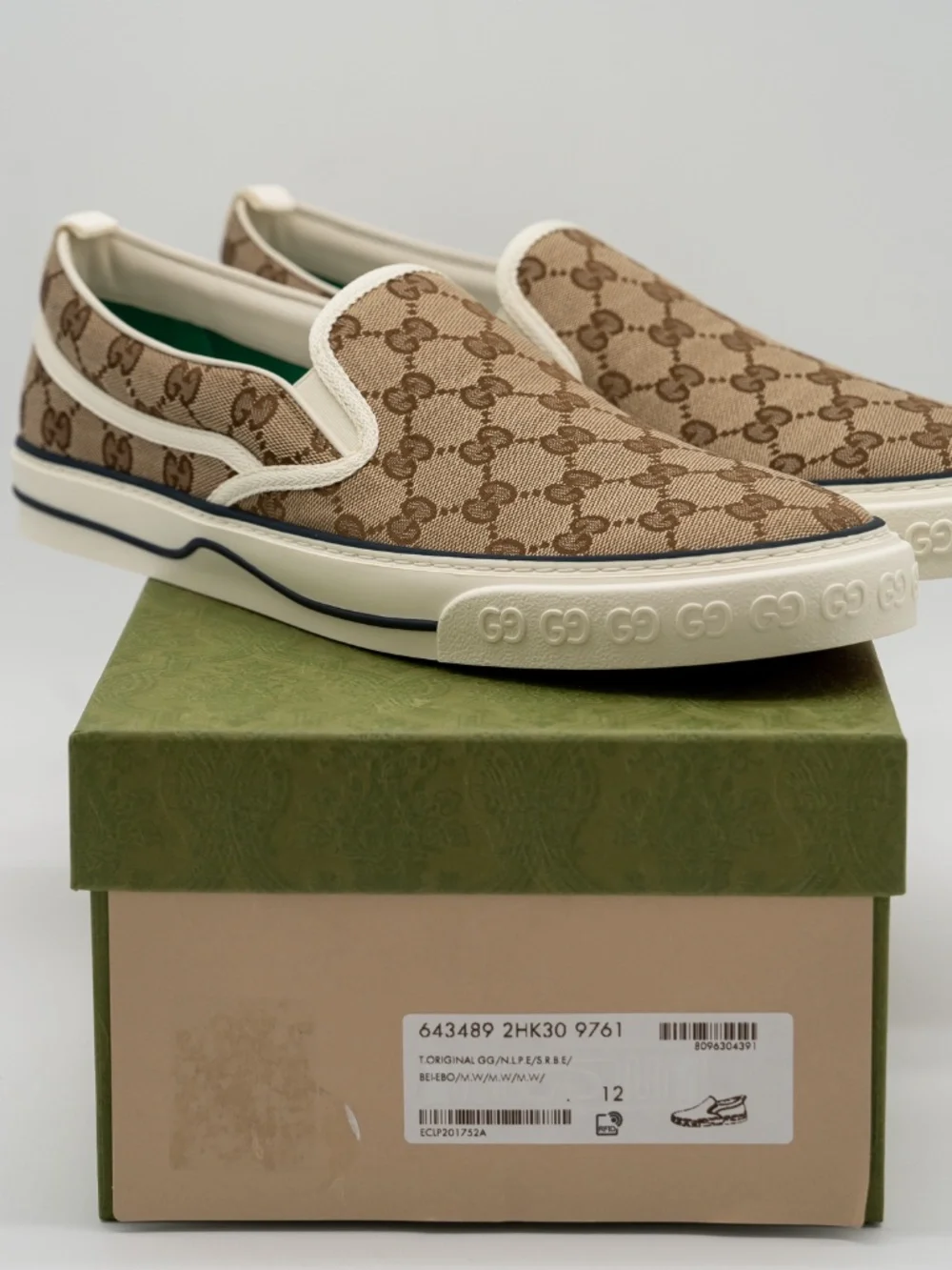 size 12G 12.5 US Gucci GG Supreme Loafers Sneakers Slip On Tennis Beige White - Picture 9 of 10
